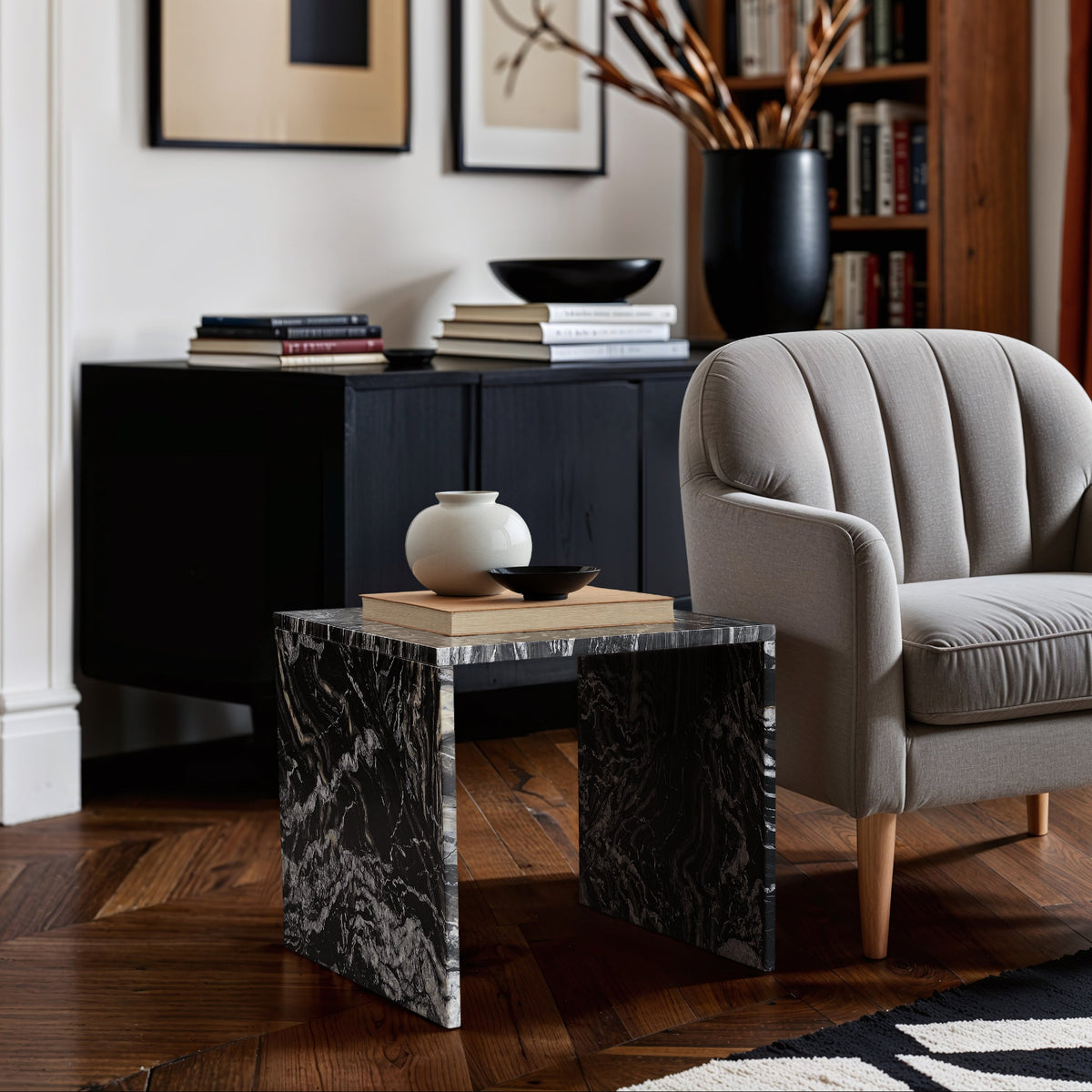 Vernazza Black Genuine Marble End Side Table Set of 2