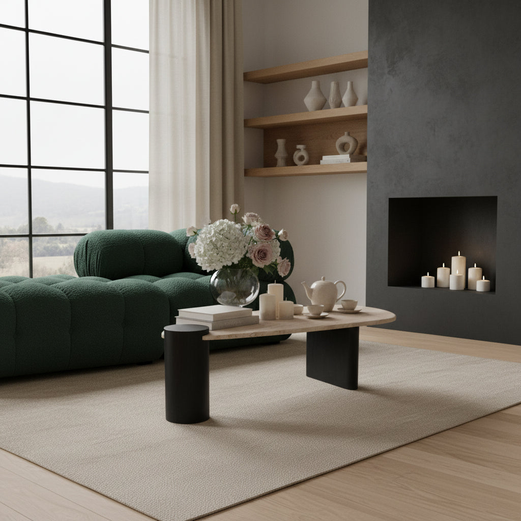 Taverna Natural Travertine Top And Oak Wood Base Coffee Table
