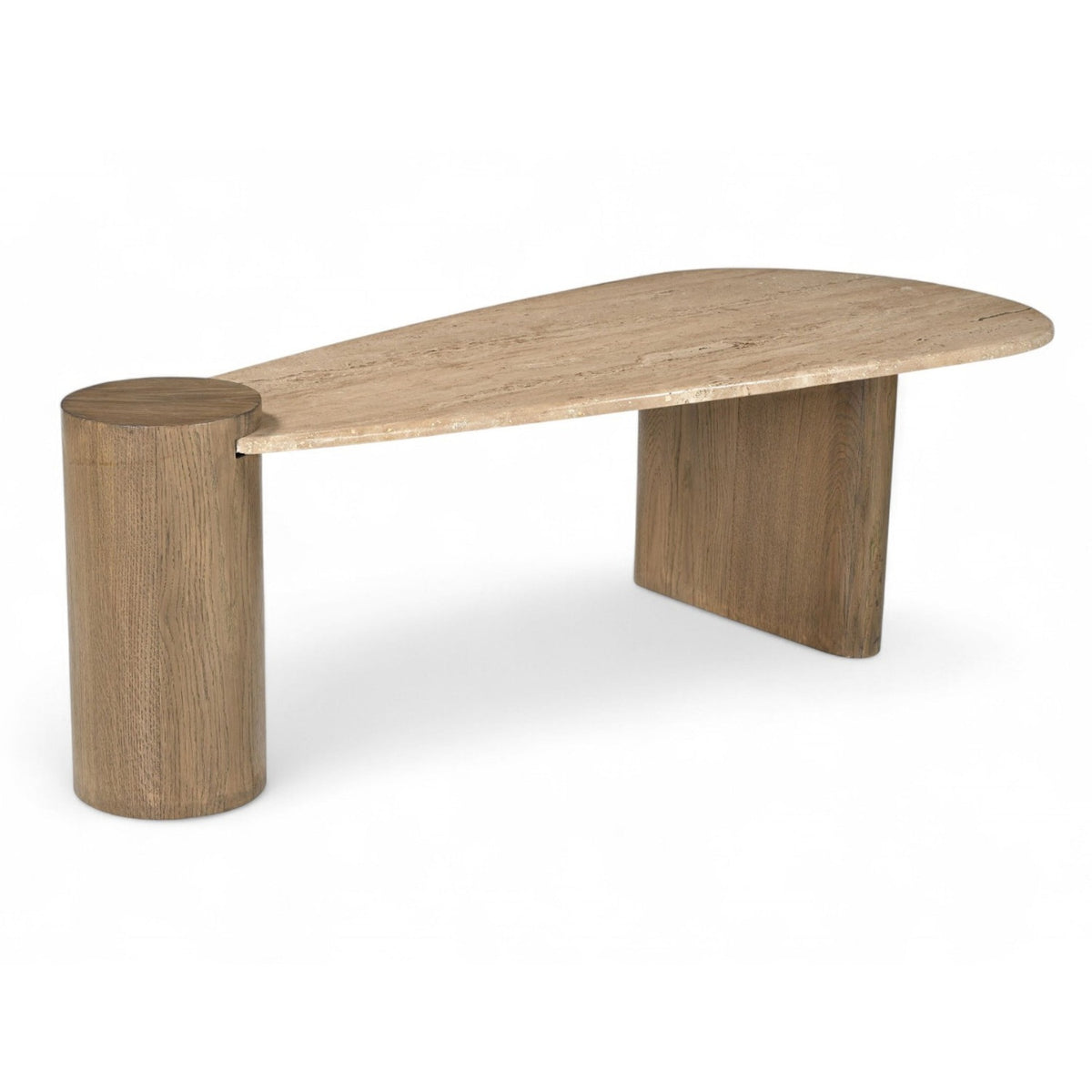 Taverna Natural Travertine Top And Oak Wood Base Coffee Table in travertine and oak, brown walnut, primary product view