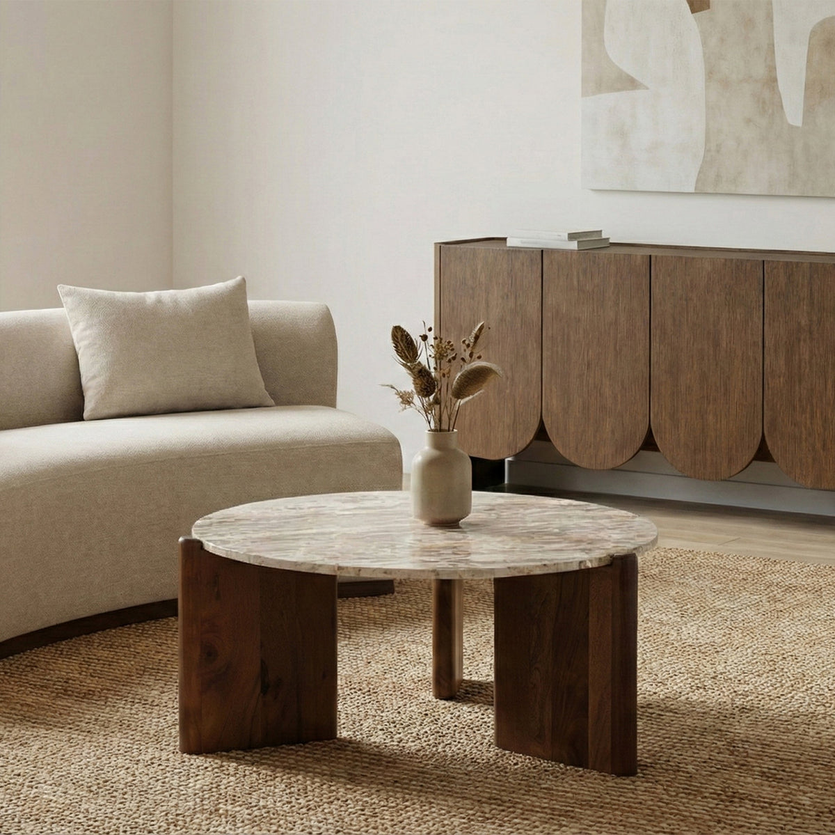 Varenna Beige Genuine Marble Top And Acacia Wood Base Coffee Table