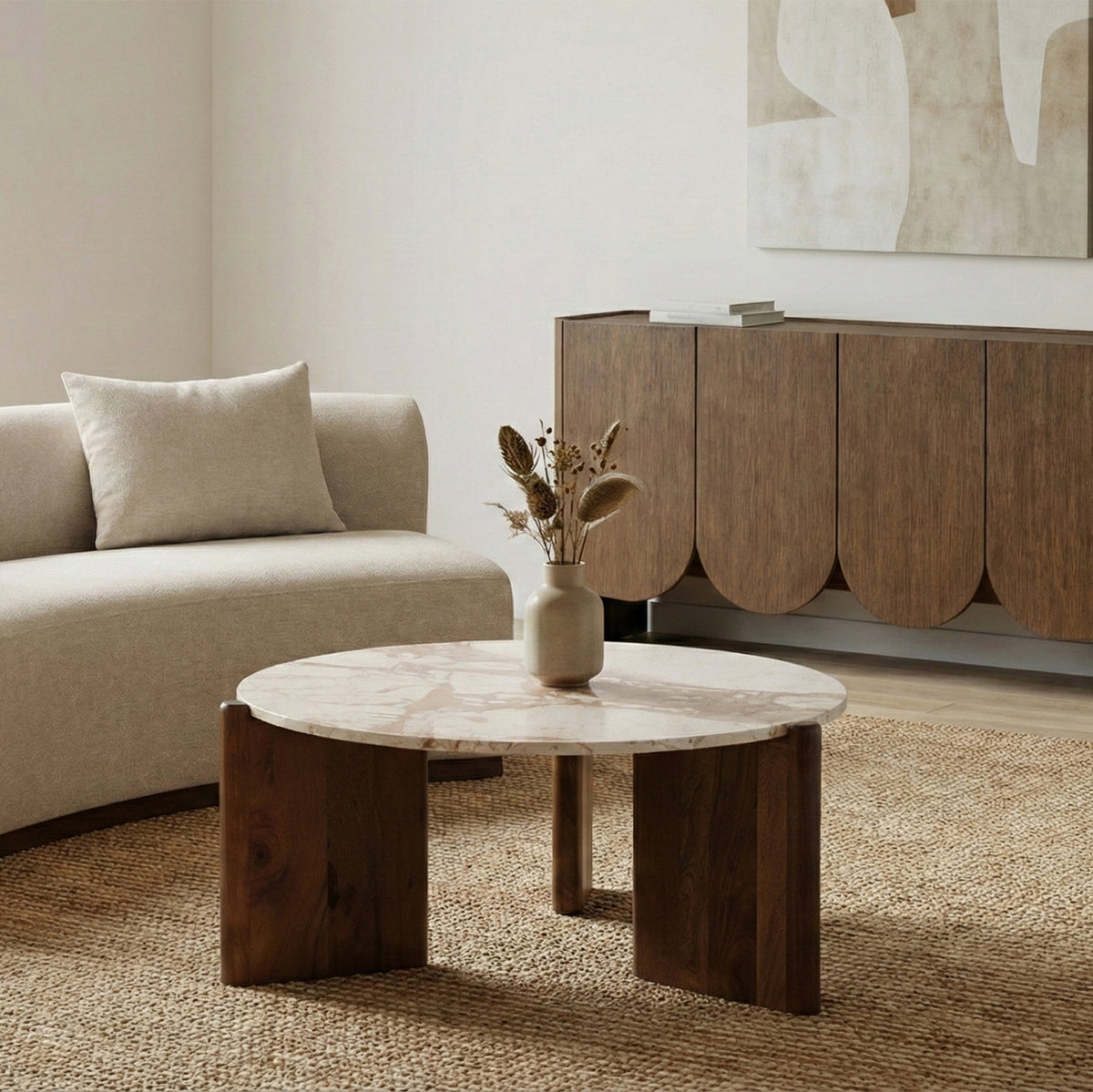 Varenna Cream Genuine Marble Top And Acacia Wood Base Coffee Table