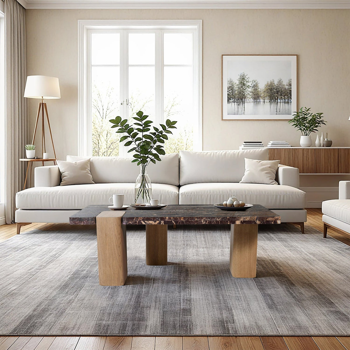 Ravenna Burgundy Genuine Marble Top And Oak Wood Base Coffee Table