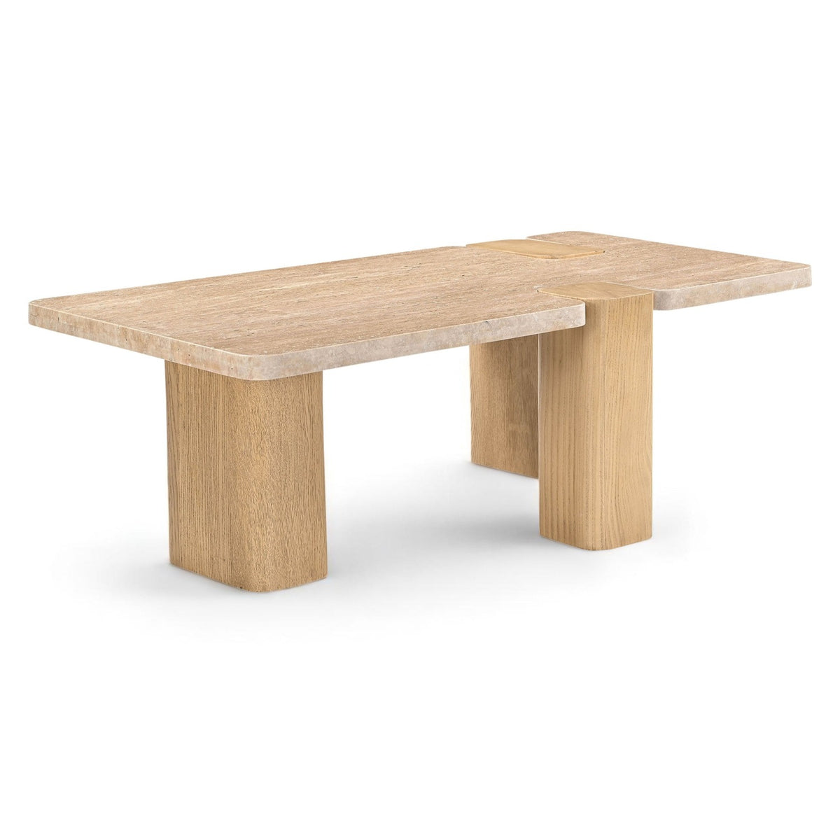Ravenna Natural Genuine Travertine and Oak Wood Coffee Table in travertine on natural oak base, primary product view