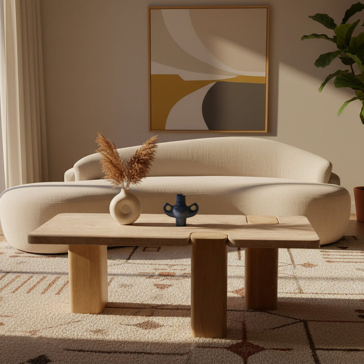 Ravenna Natural Genuine Travertine and Oak Wood Coffee Table
