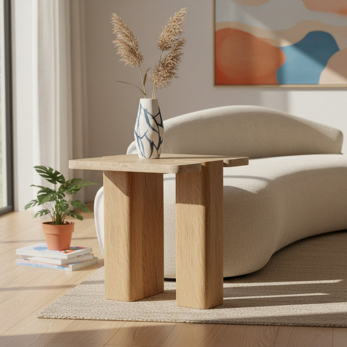 Ravenna Natural Genuine Travertine and Oak Wood End Side Table Set of 2