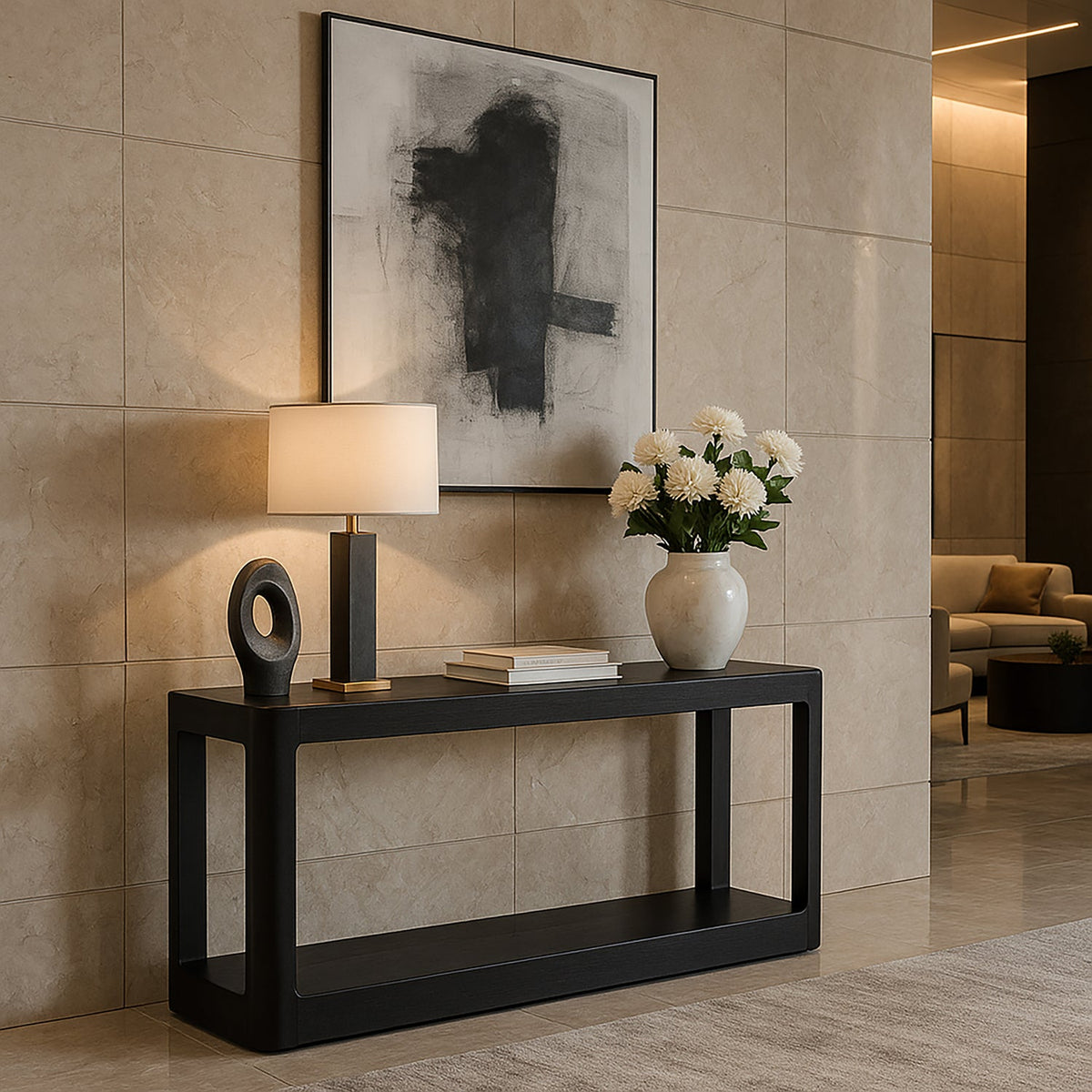 Reeves Black Solid Wood And Burl Veneer Console Table