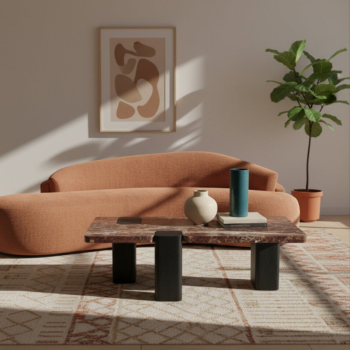 Ravenna Burgundy Genuine Marble Top And Oak Wood Base Coffee Table