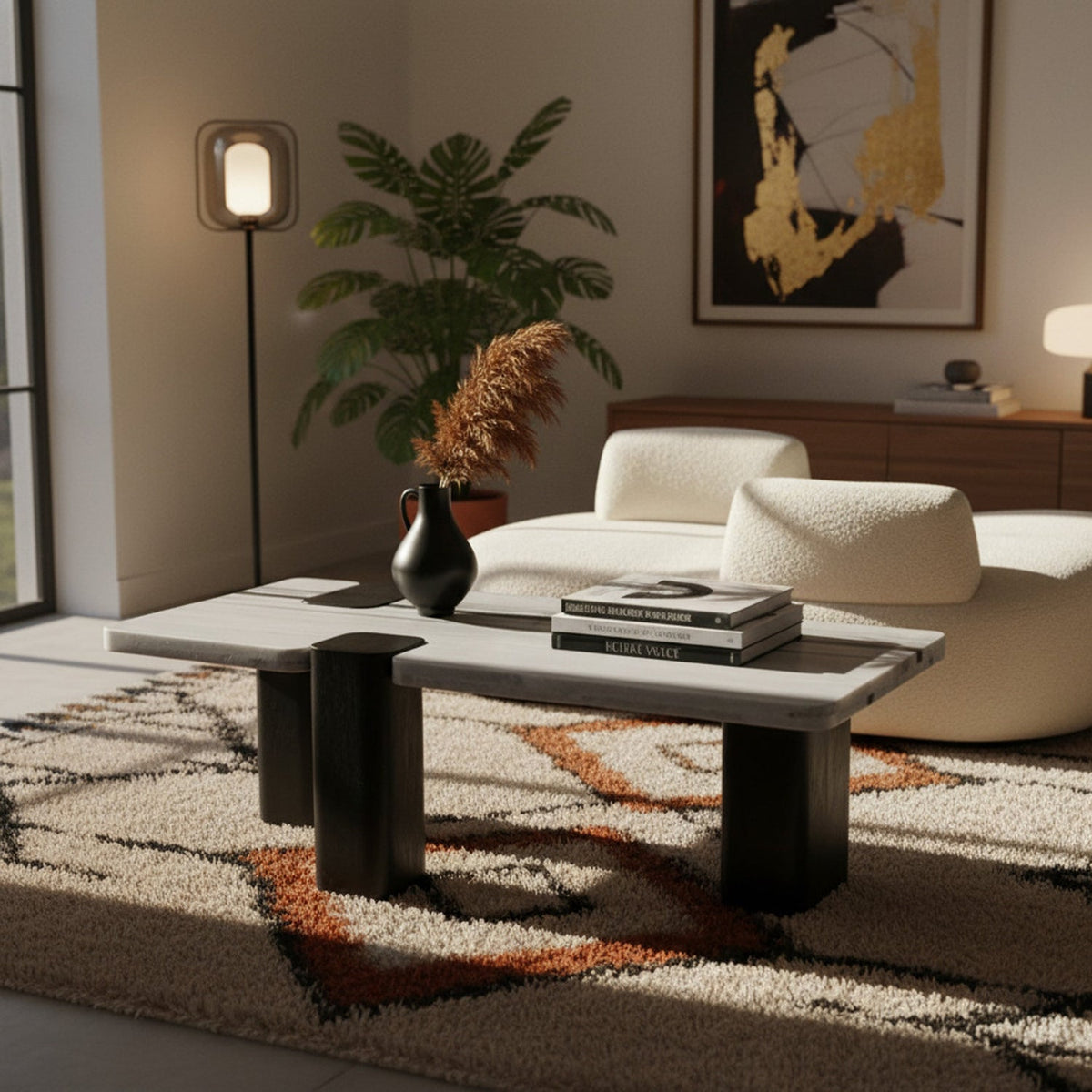 Ravenna Panda Genuine Marble Top And Oak Wood Base Coffee Table