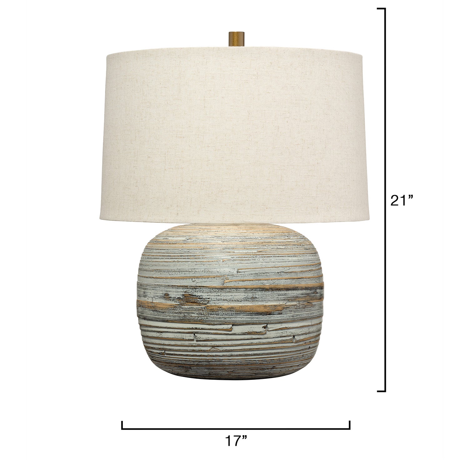 Jamie Young Cocoon lamp, close-up of white washed bamboo and brass finial detail