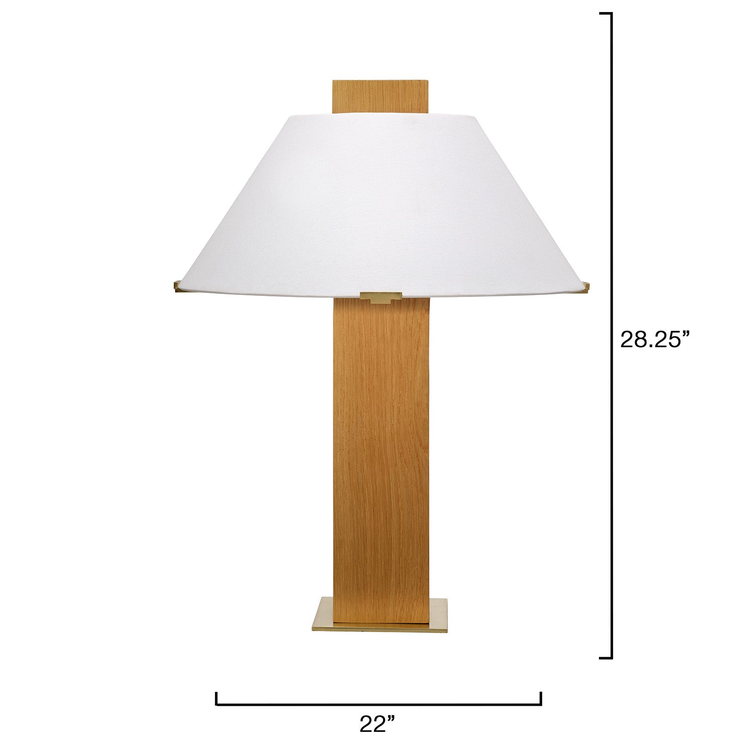 Jamie Young Craftsman oak table lamp styled on an entryway console