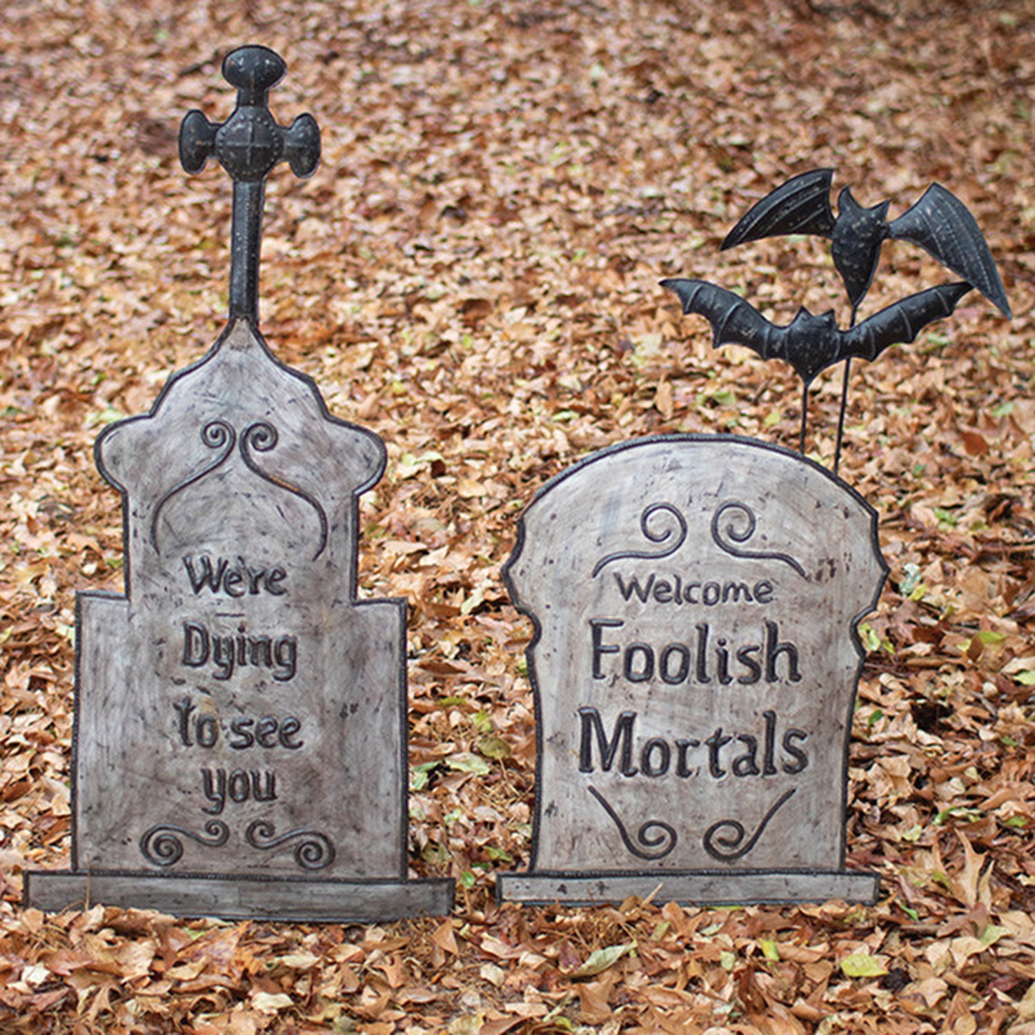 Tombstone Hand-Hammered Painted Metal Yard Stakes Set of 2