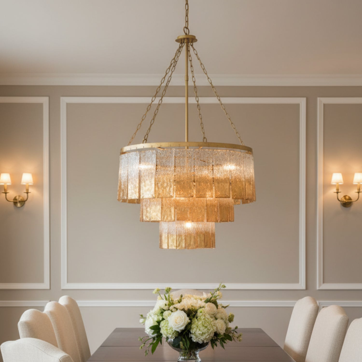 John Richard Twilight Gold Sixteen-Light Slumped Glass Chandelier