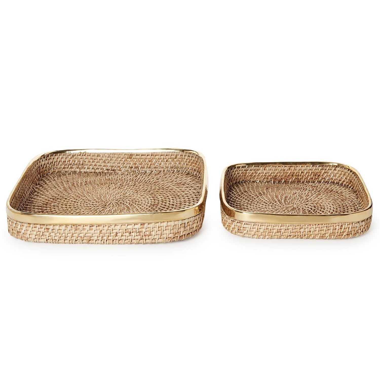 Rectangle Hand Woven Rattan Tray with Brass Rim Accent Set of 2