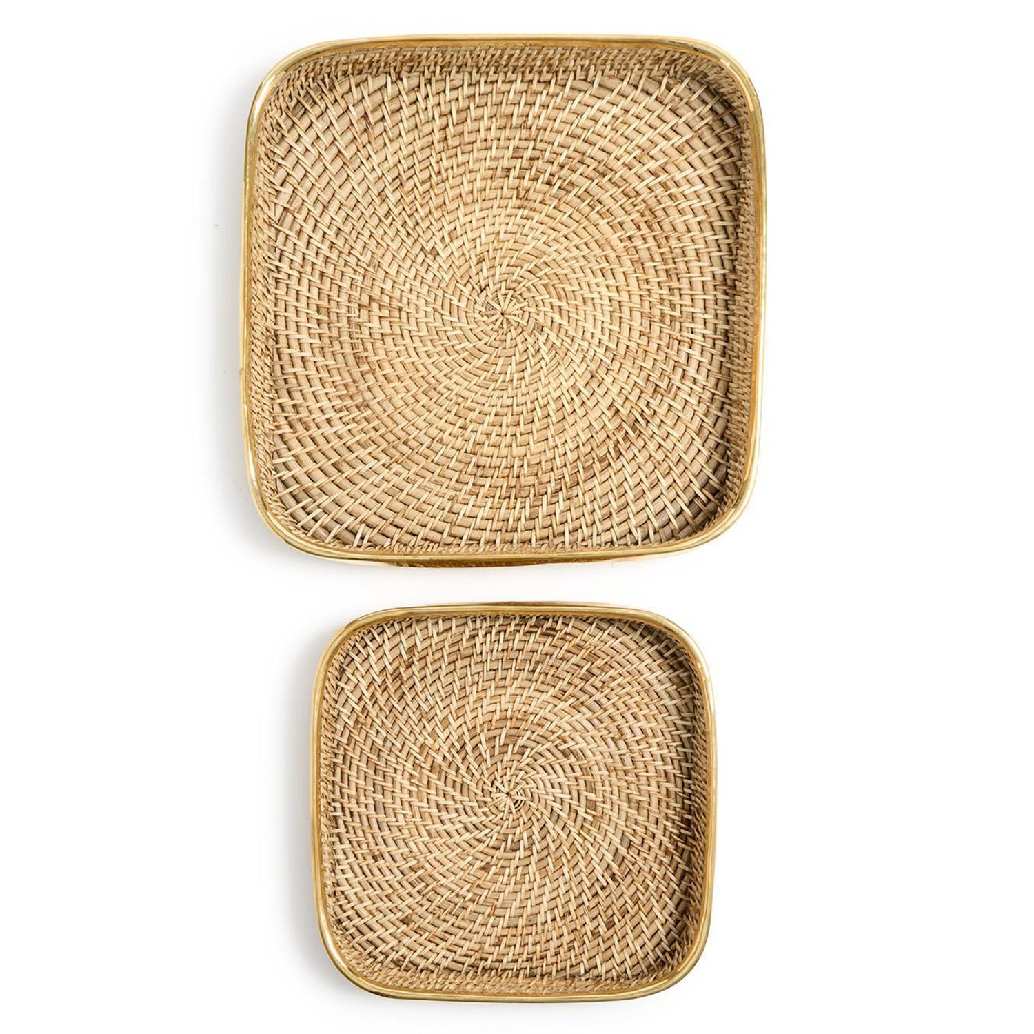 Rectangle Hand Woven Rattan Tray with Brass Rim Accent Set of 2