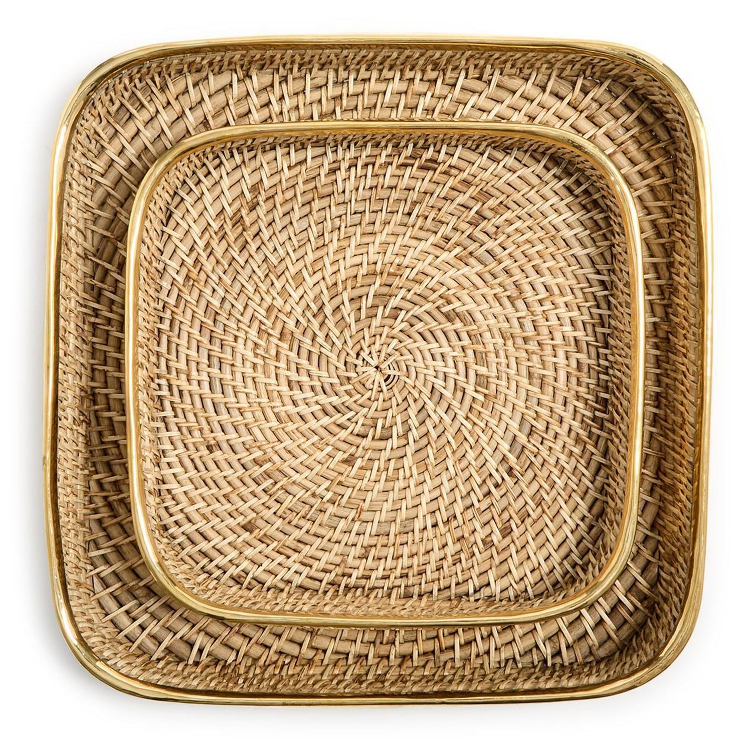 Rectangle Hand Woven Rattan Tray with Brass Rim Accent Set of 2