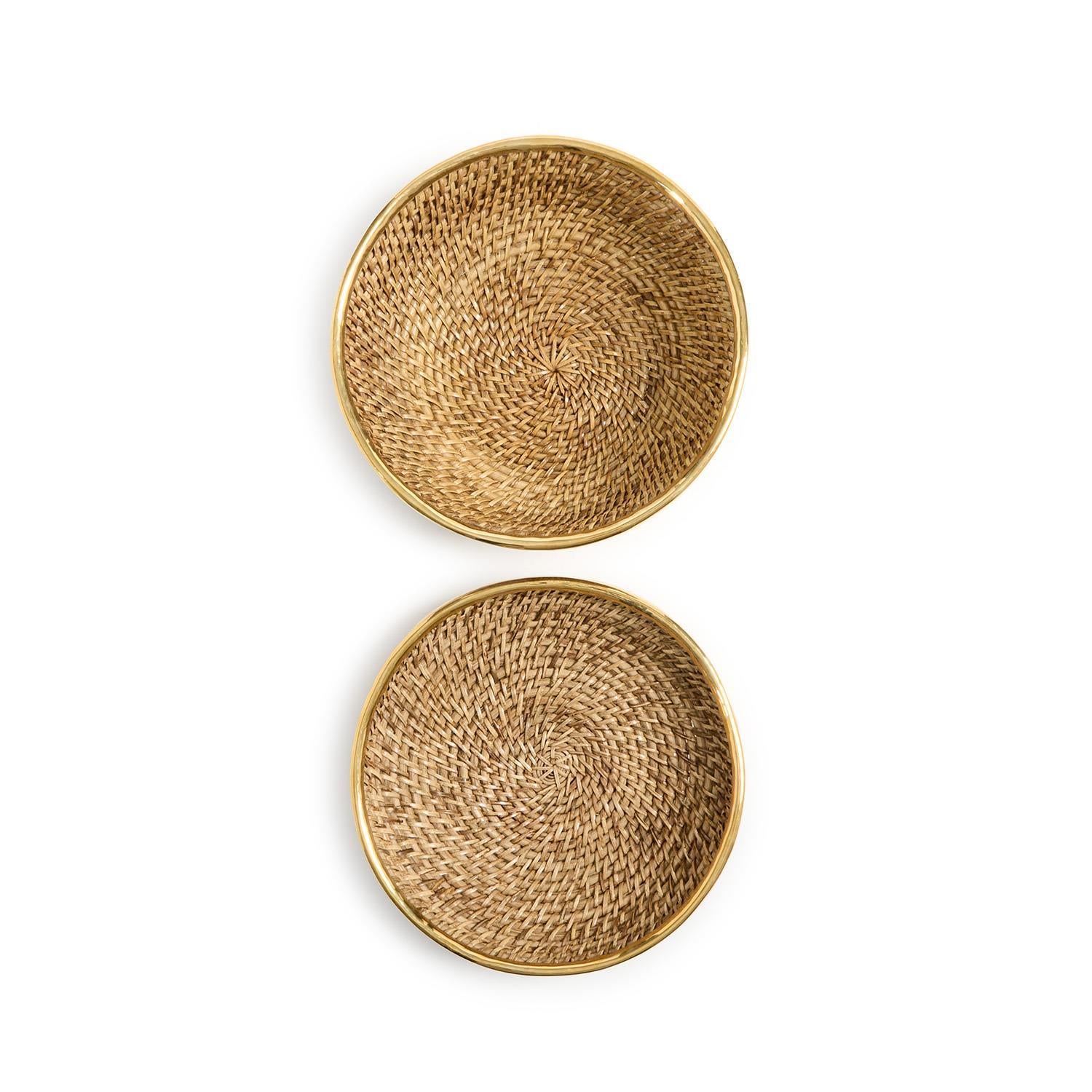 Round Hand Woven Rattan Bowl with Brass Rim Accent Set of 2