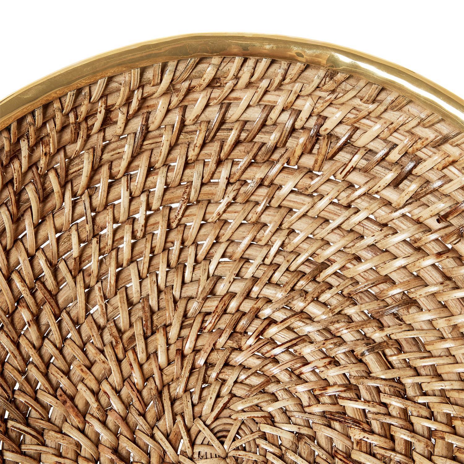 Round Hand Woven Rattan Bowl with Brass Rim Accent Set of 2