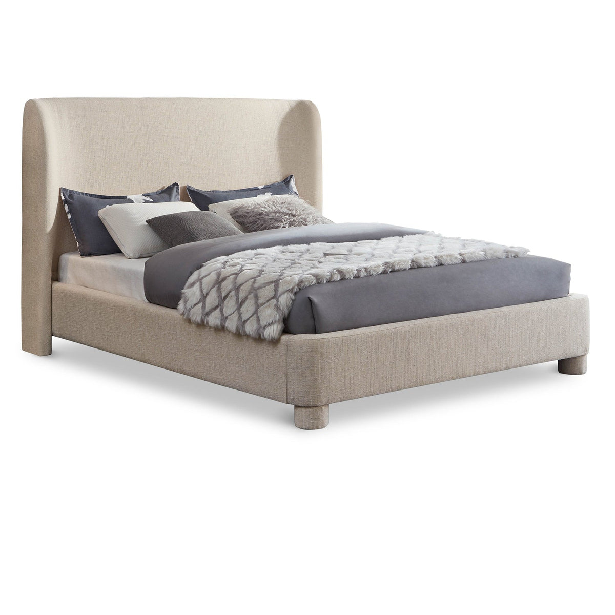 Penny Beige Linen Textured Fabric Upholstered Bed