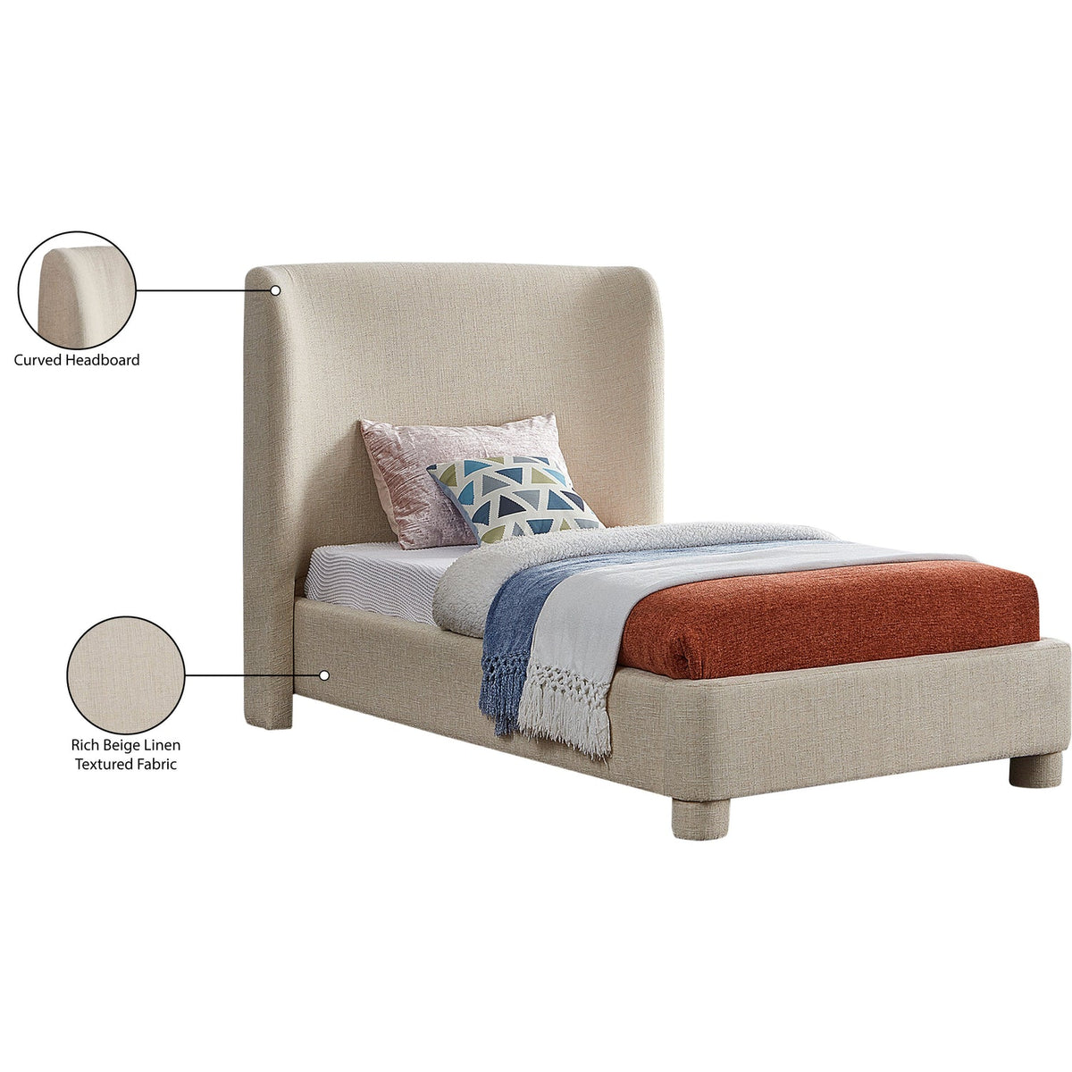 Penny Beige Linen Textured Fabric Upholstered Bed