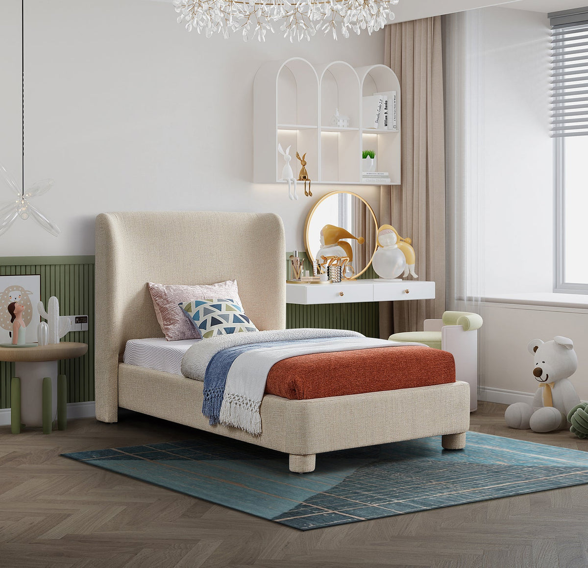 Penny Beige Linen Textured Fabric Upholstered Bed