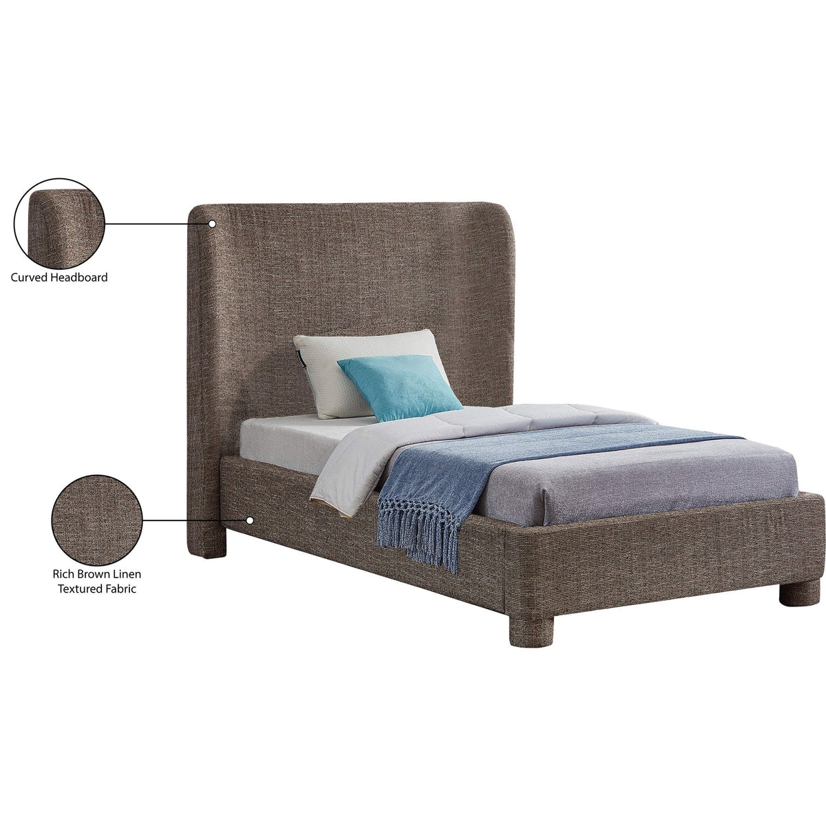 Penny Brown Linen Textured Fabric Upholstered Bed