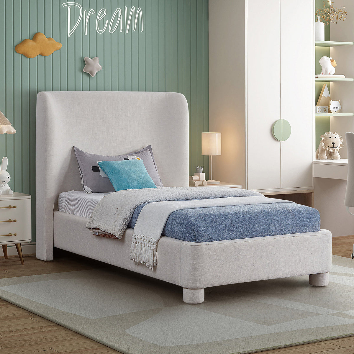 Penny Cream Linen Textured Fabric Upholstered Bed