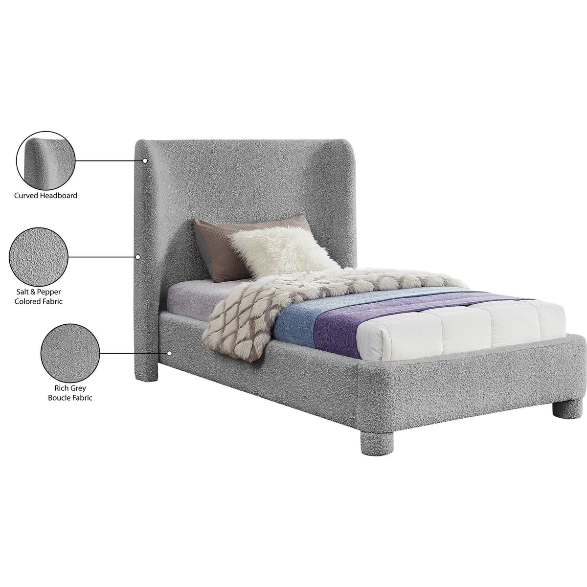 Penny Grey Boucle Fabric Upholstered Bed