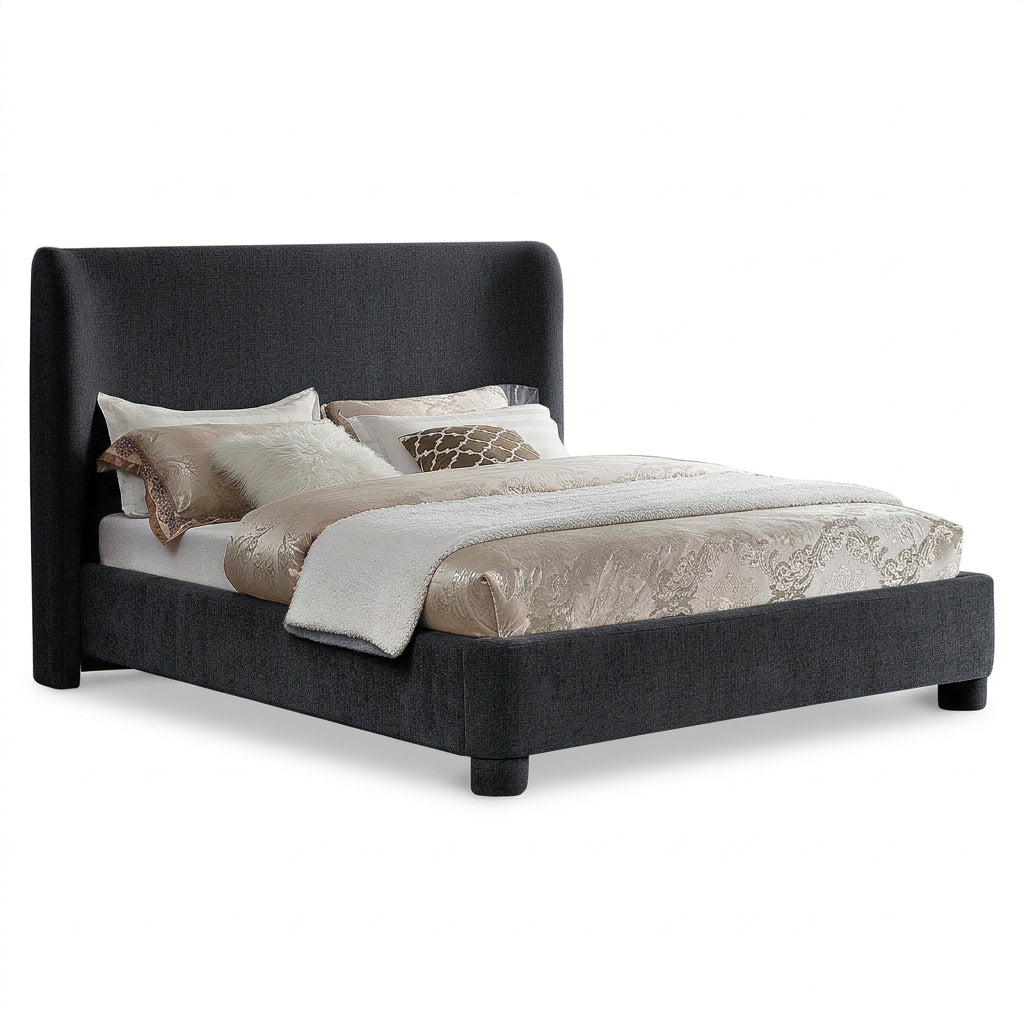 Penny Black Chenille Fabric Upholstered Bed