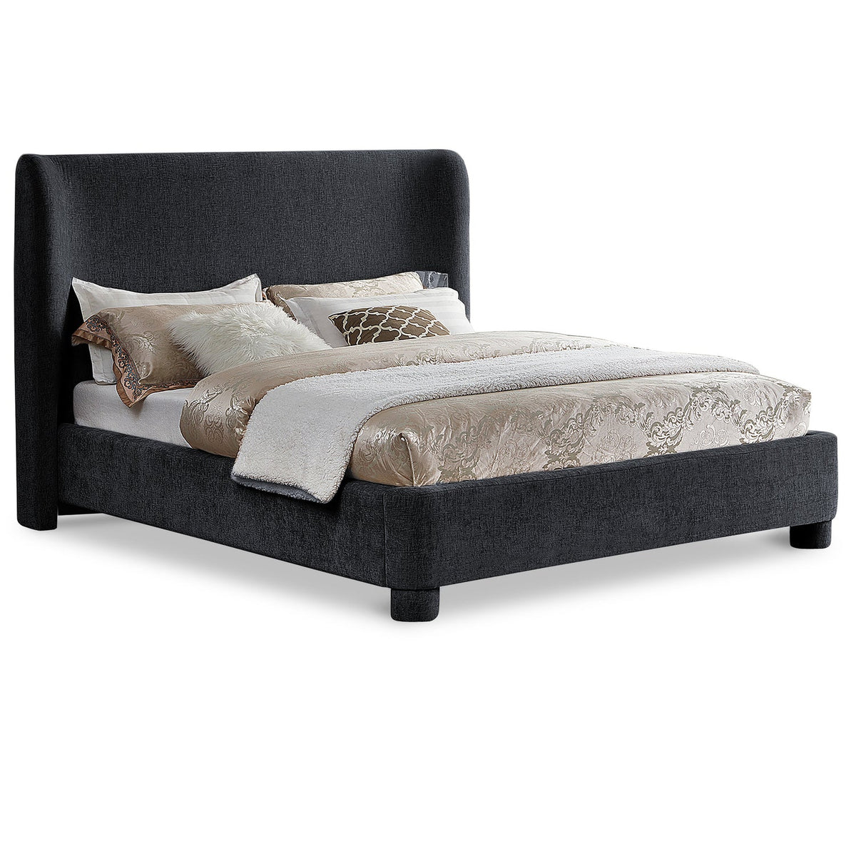 Penny Black Chenille Fabric Upholstered Bed