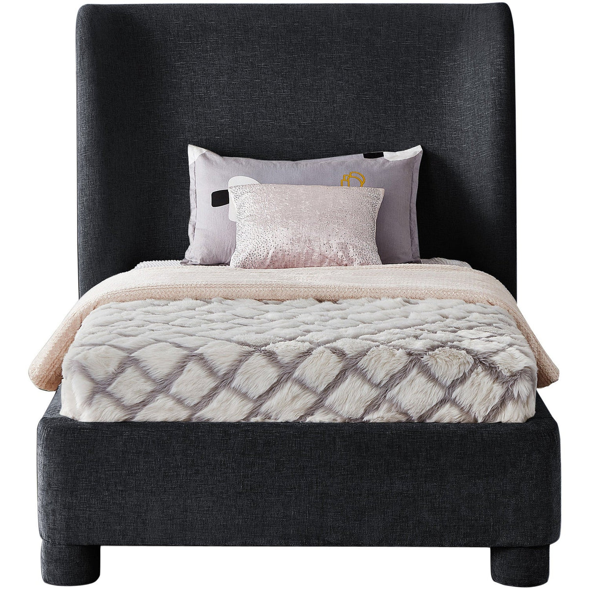 Penny Black Chenille Fabric Upholstered Bed