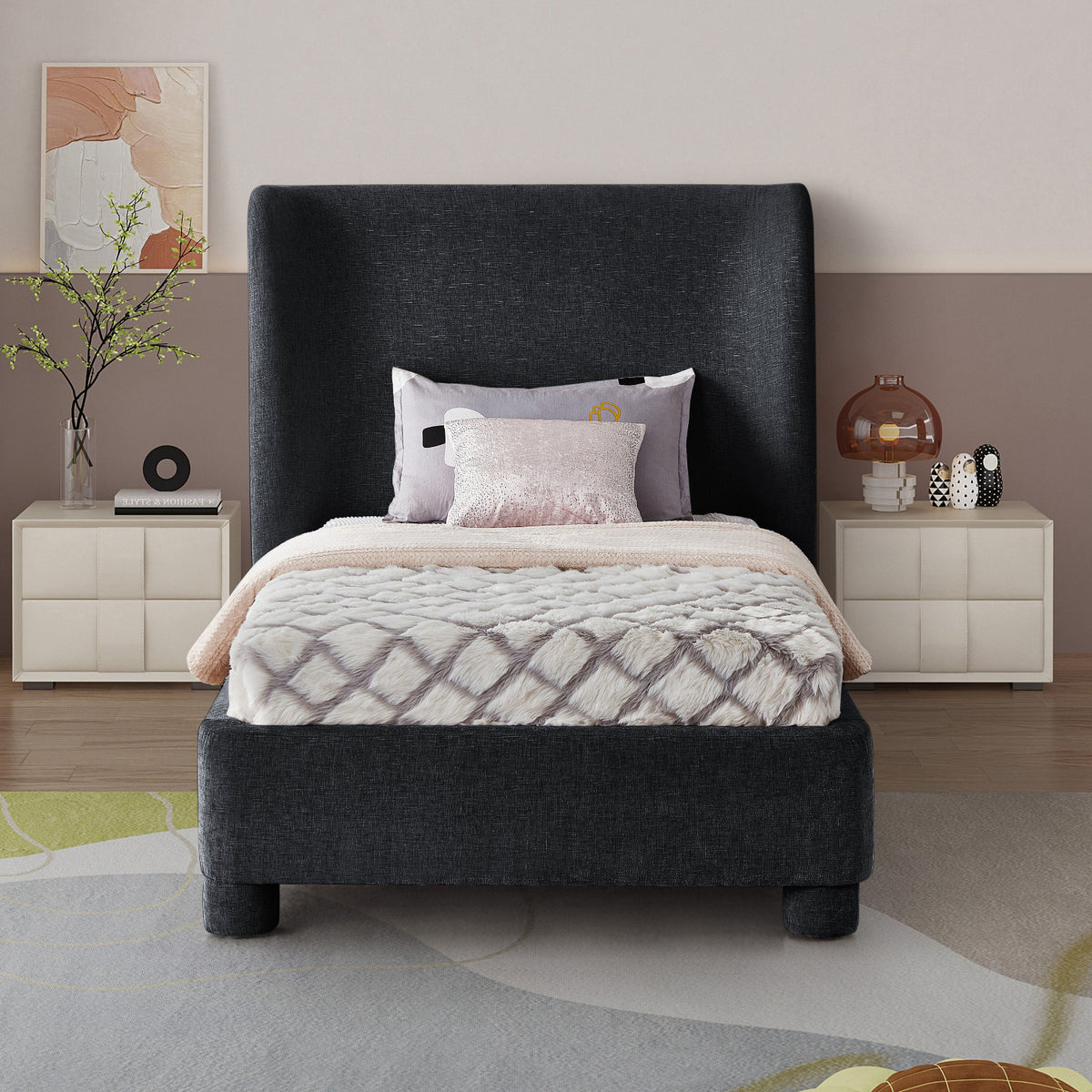 Penny Black Chenille Fabric Upholstered Bed