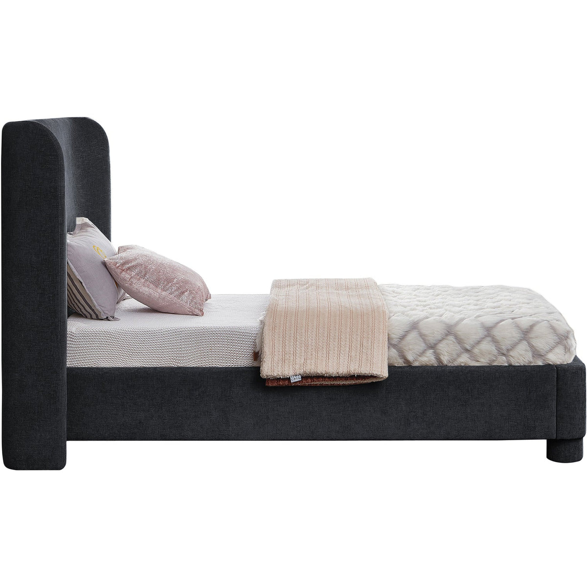 Penny Black Chenille Fabric Upholstered Bed