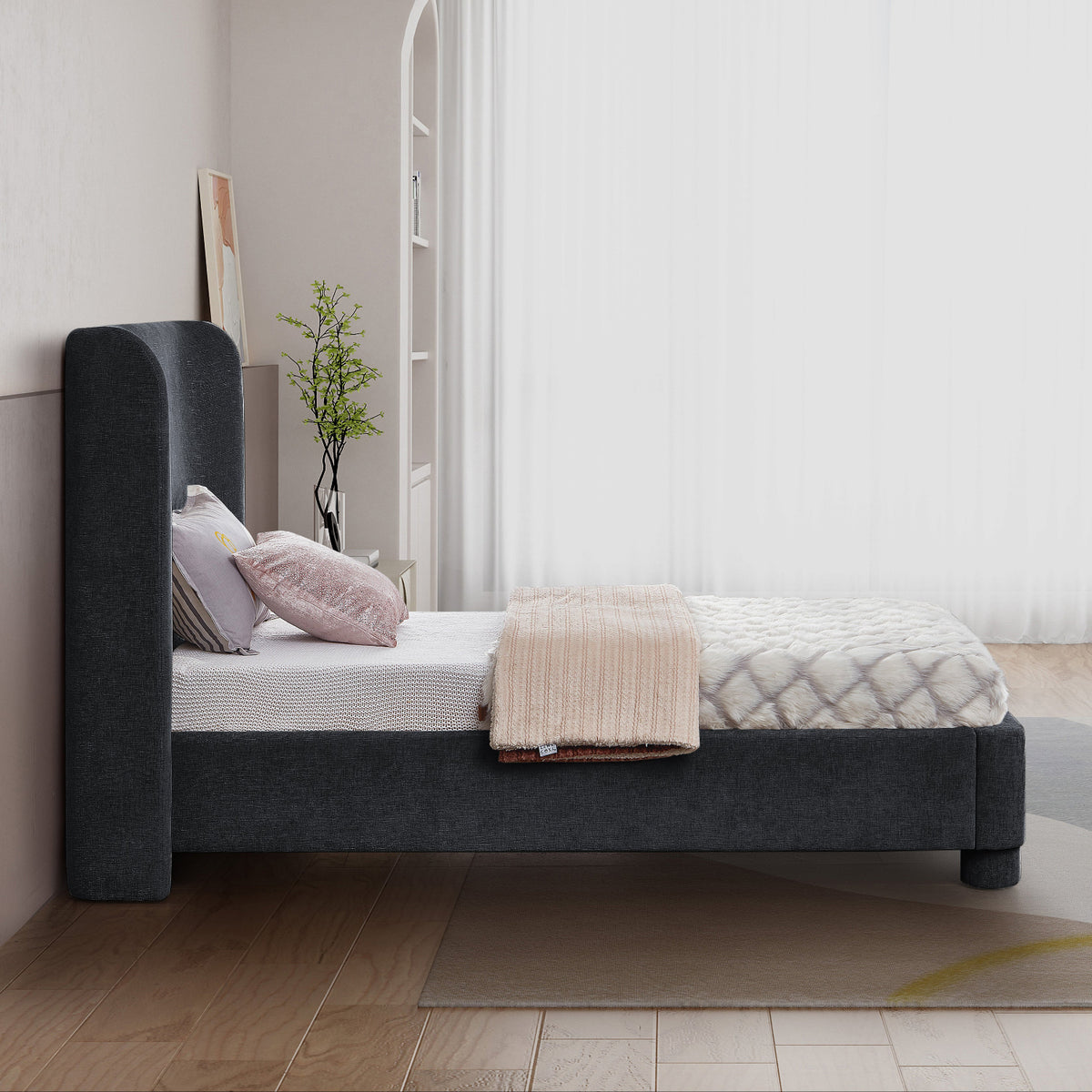 Penny Black Chenille Fabric Upholstered Bed