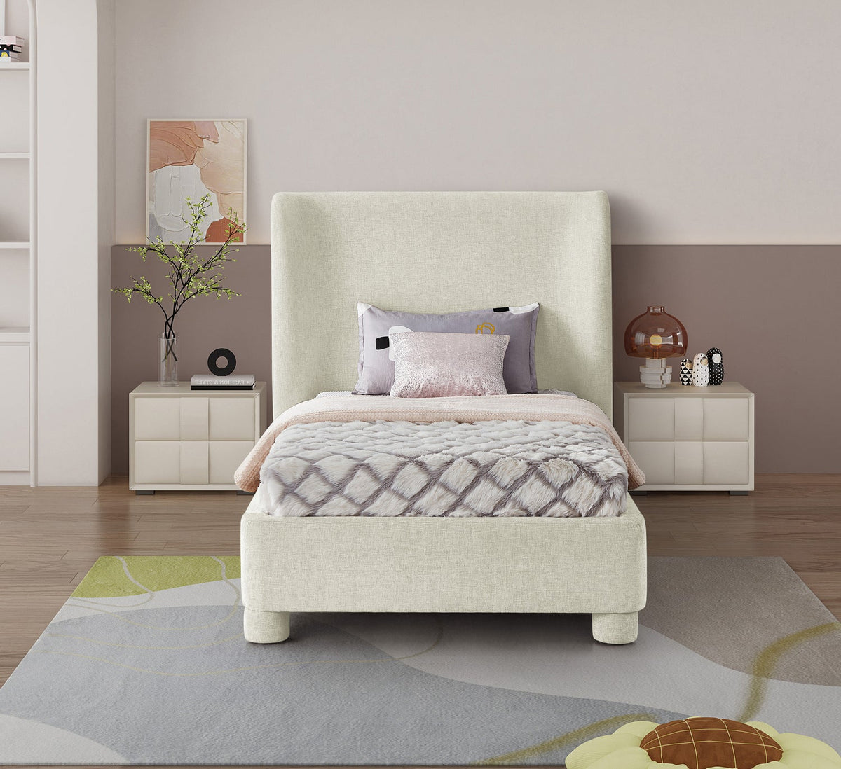 Penny Cream Chenille Fabric Upholstered Bed
