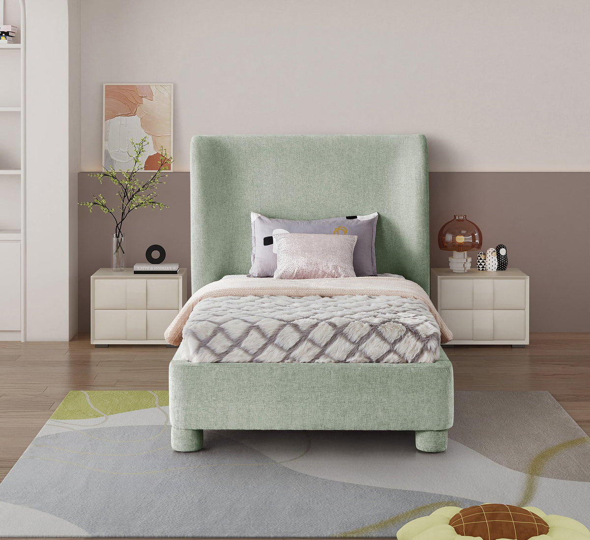Penny Mint Green Chenille Fabric Upholstered Bed