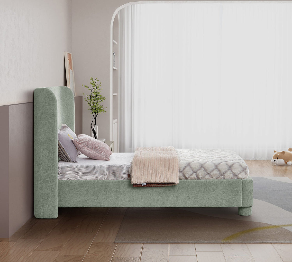 Penny Mint Green Chenille Fabric Upholstered Bed