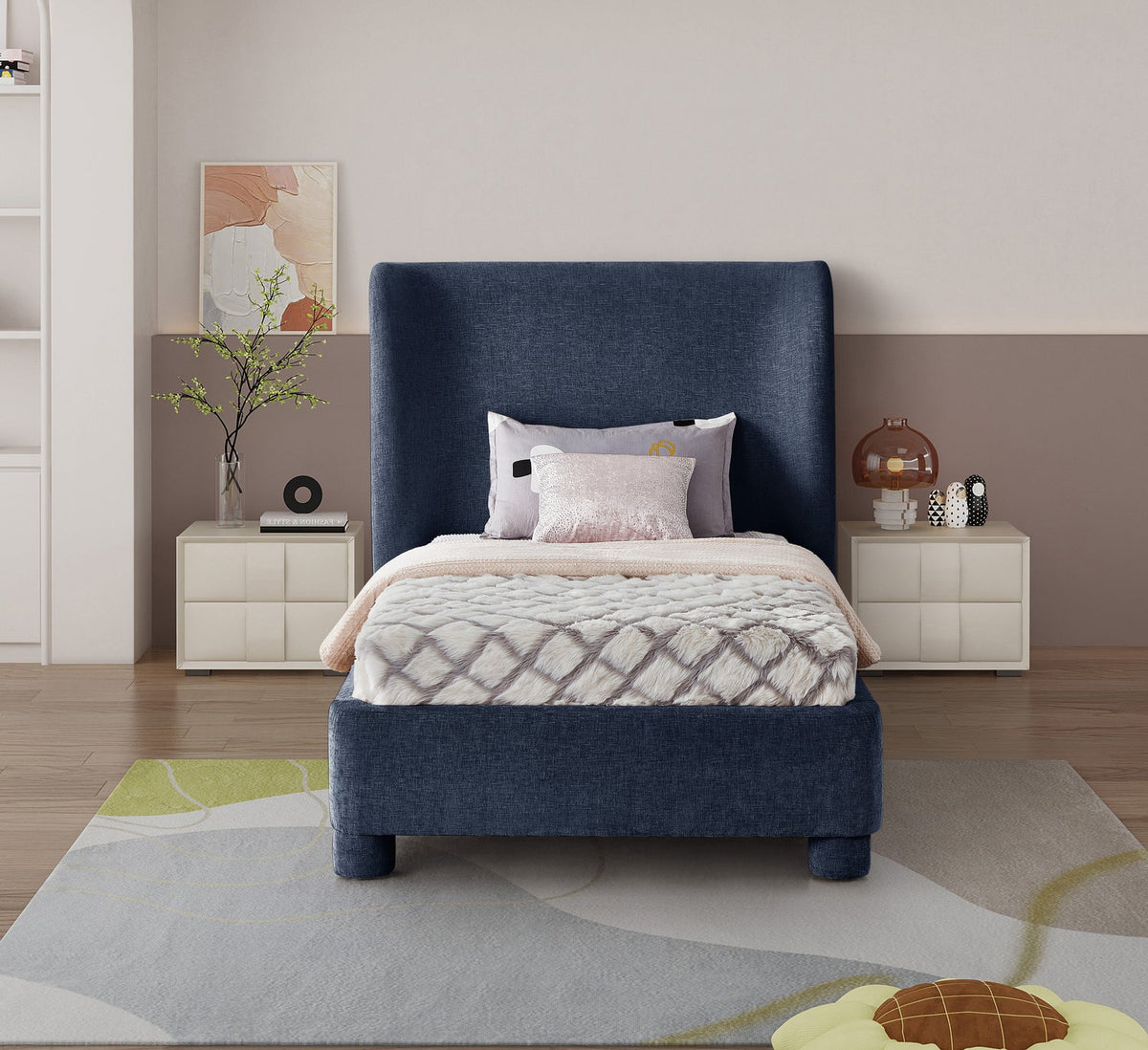 Penny Navy Chenille Fabric Upholstered Bed