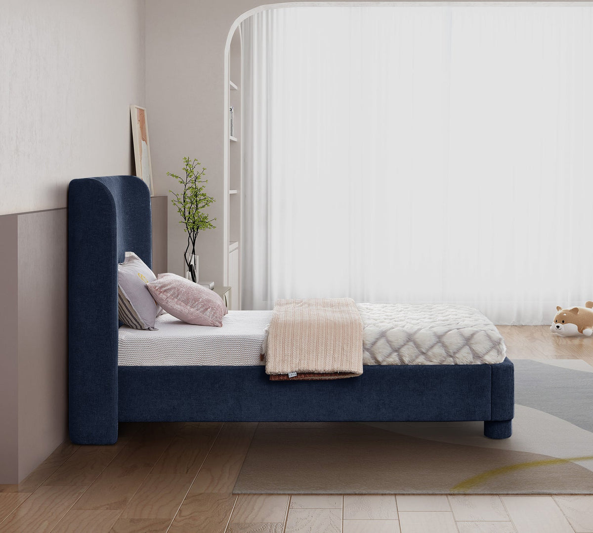 Penny Navy Chenille Fabric Upholstered Bed