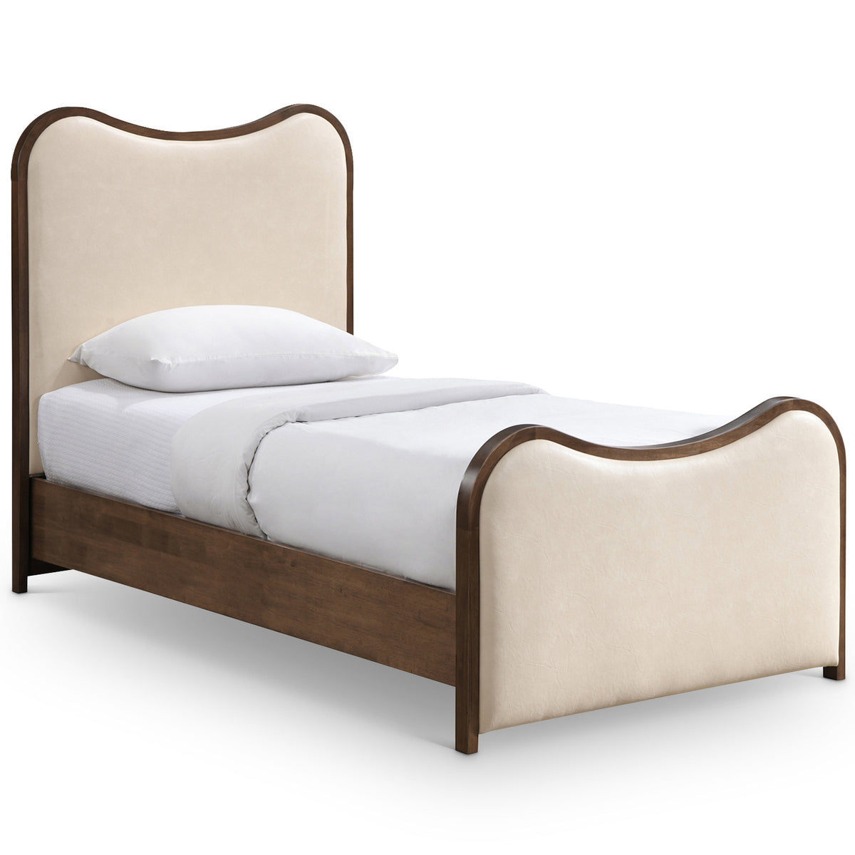 Arvada Cream Vegan Leather Upholstered Bed in Cream, solid wood brown walnut finish, primary product view