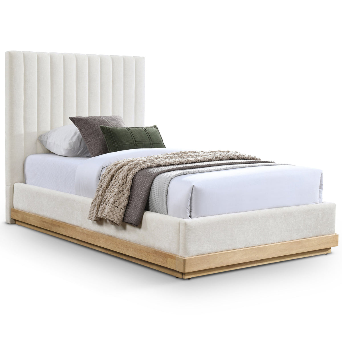 Emmet Cream Chenille Fabric Upholstered Bed in Cream, natural oak finish, primary product view