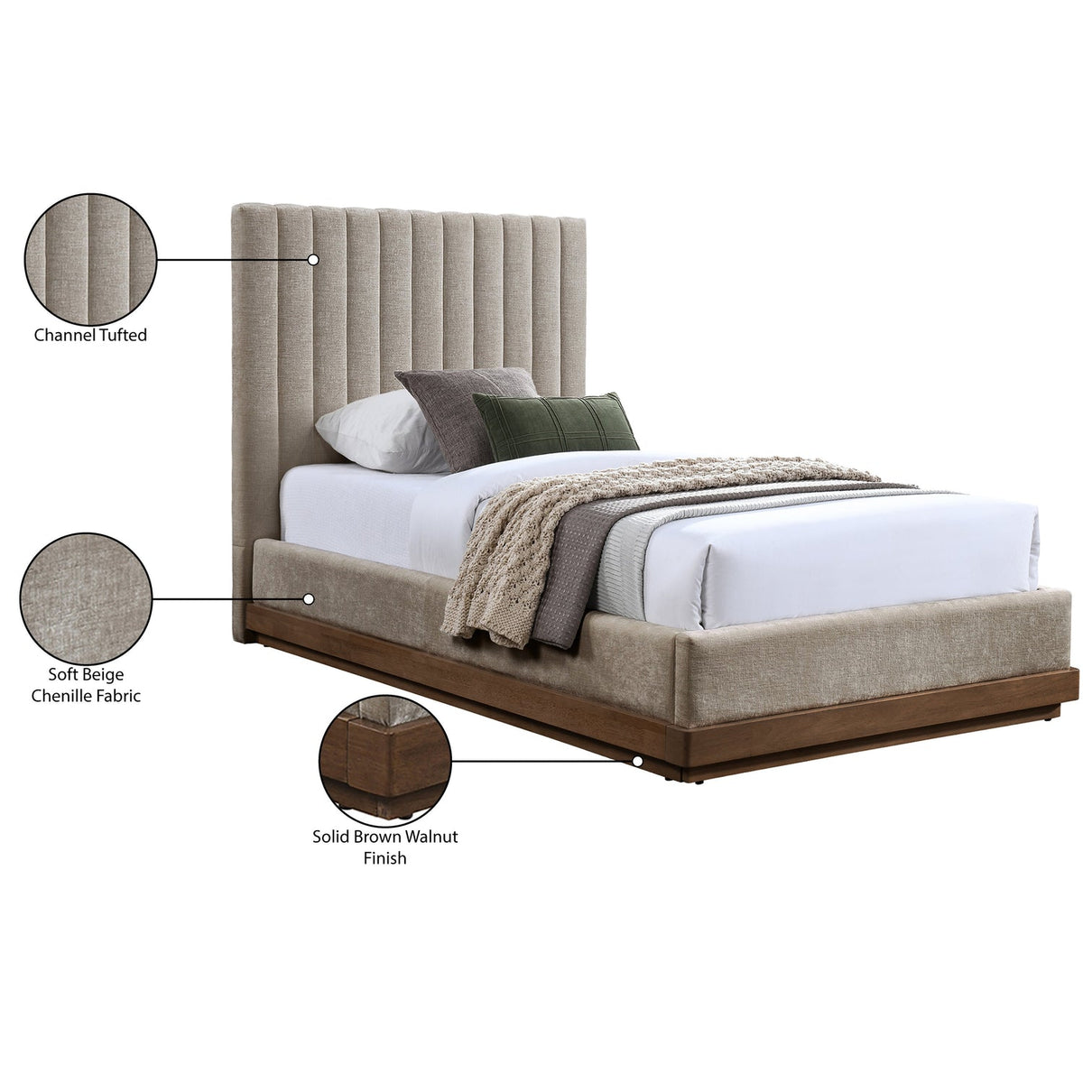 Emmet Beige Chenille Fabric Upholstered Bed