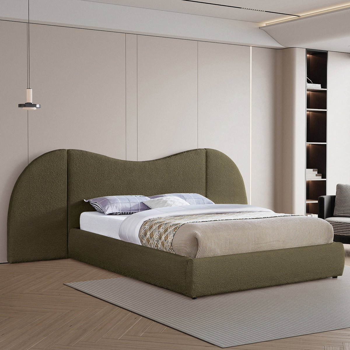 Everest Olive Green Boucle Fabric Upholstered Bed