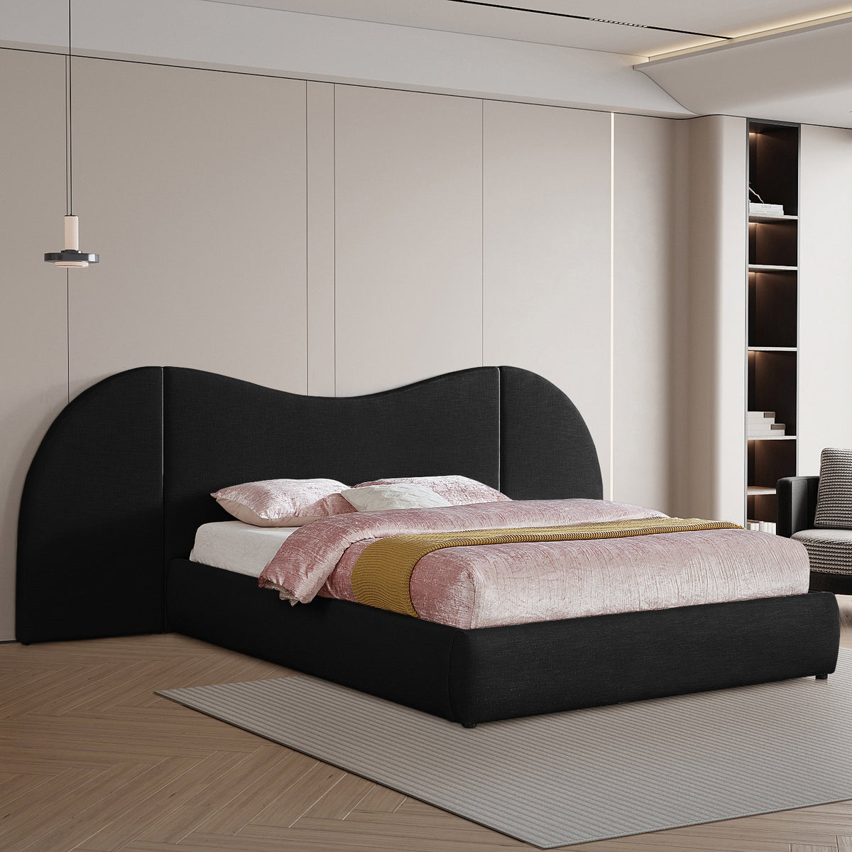 Everest Black Linen Textured Fabric Upholstered Bed