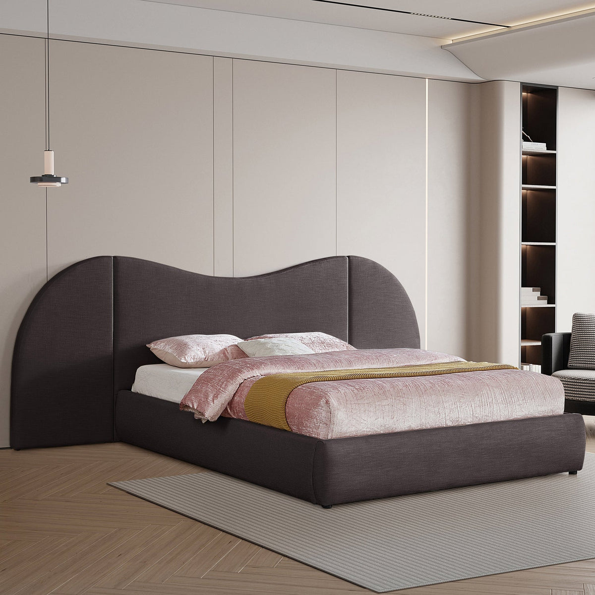 Everest Brown Linen Textured Fabric Upholstered Bed