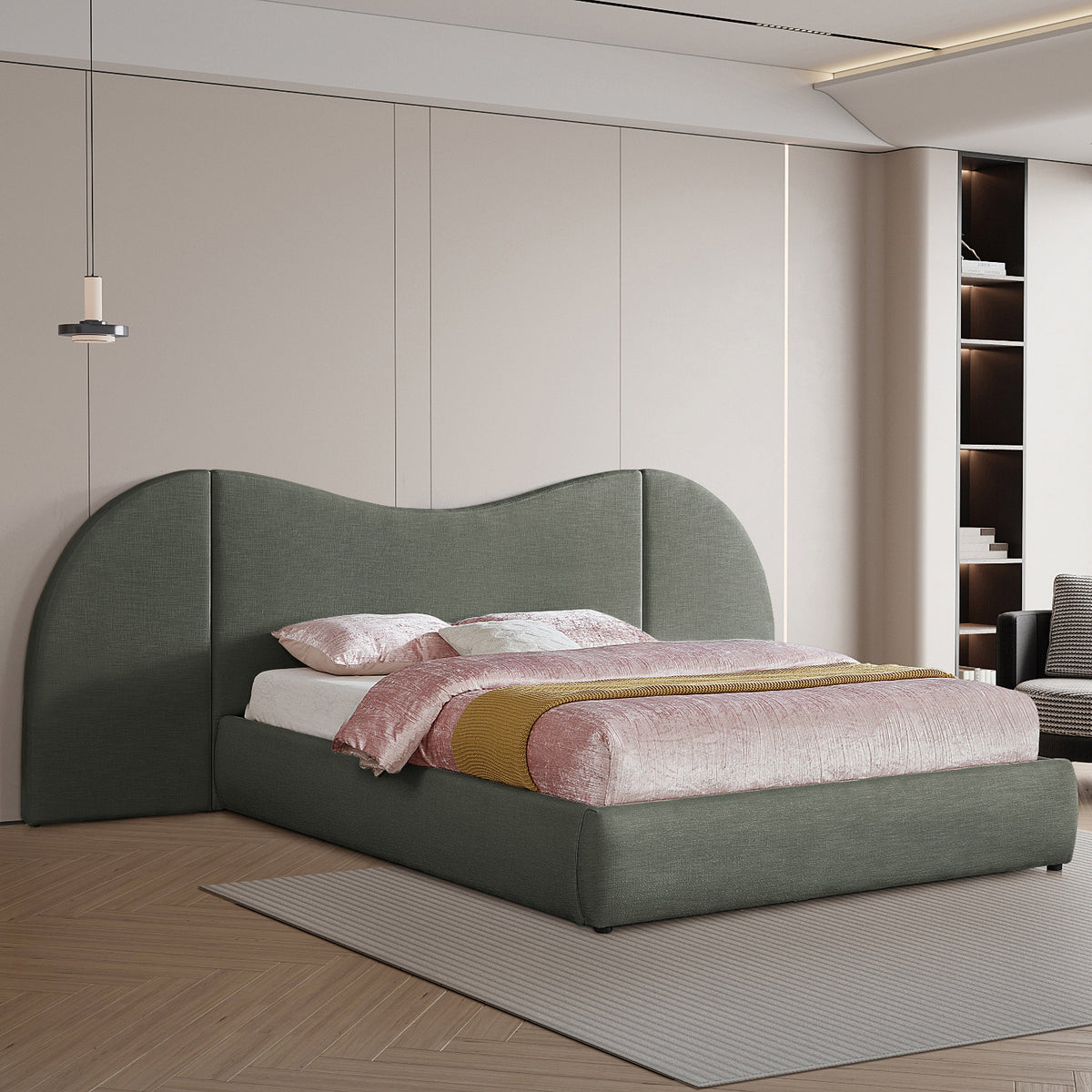 Everest Olive Green Linen Textured Fabric Upholstered Bed