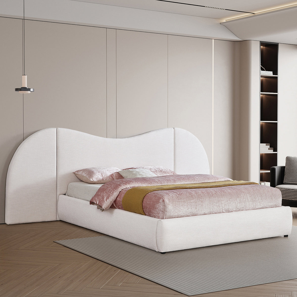 Everest White Linen Textured Fabric Upholstered Bed