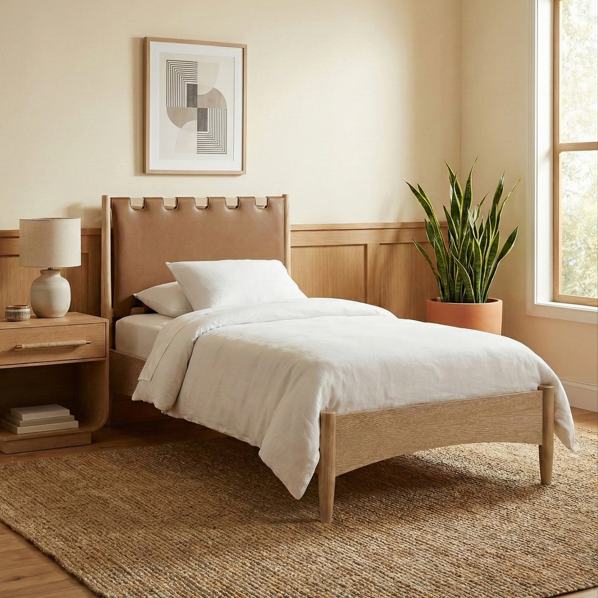 Santos Brown Vegan Leather Headboard And Wood Bed