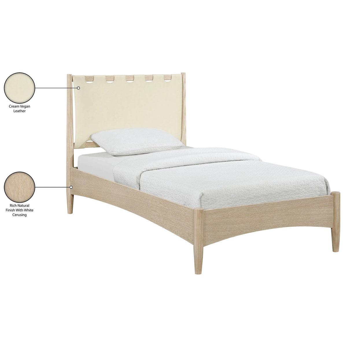 Santos Cream Vegan Leather Headboard And Wood Bed