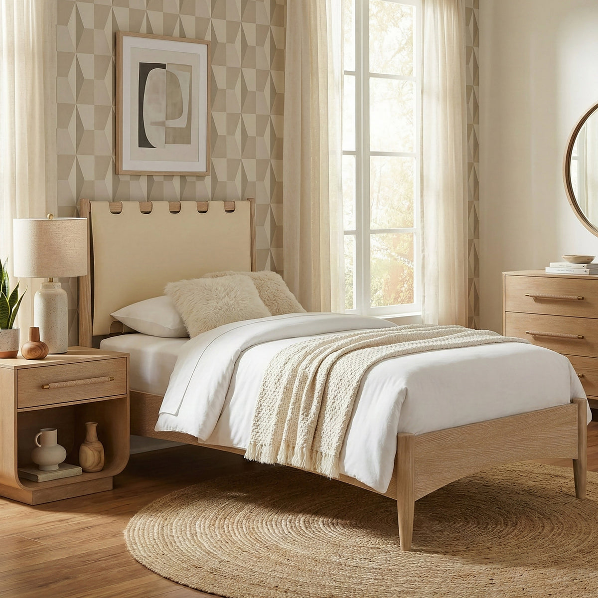 Santos Cream Vegan Leather Headboard And Wood Bed