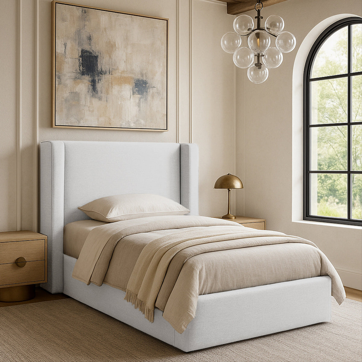 Kendall White Linen Textured Fabric Upholstered Bed